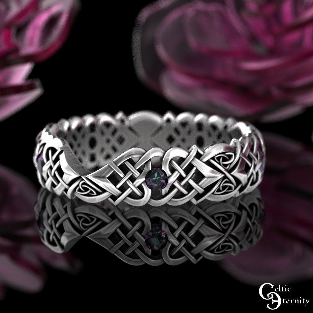 Alexandrite Bridal Ring Set, Sterling Matching Celtic Engagement Ring, Silver Irish Engagement Ring Set, Womens Heart Knotwork, 3018 3017