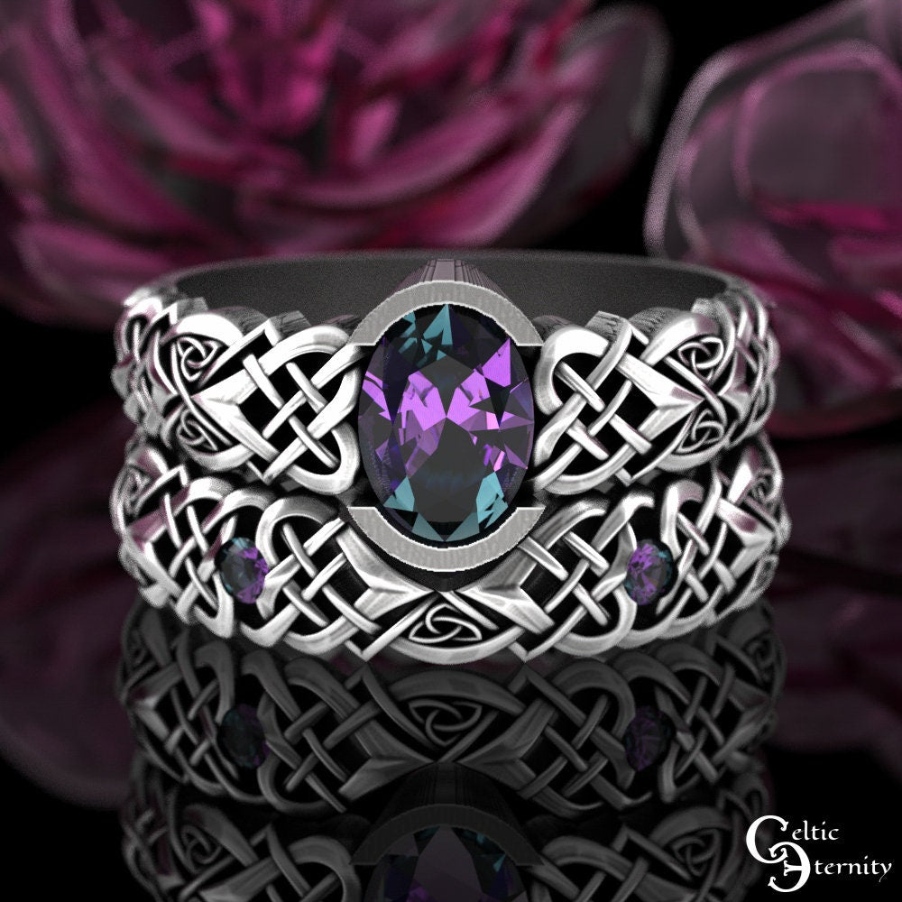 Alexandrite Bridal Ring Set, Sterling Matching Celtic Engagement Ring, Silver Irish Engagement Ring Set, Womens Heart Knotwork, 3018 3017