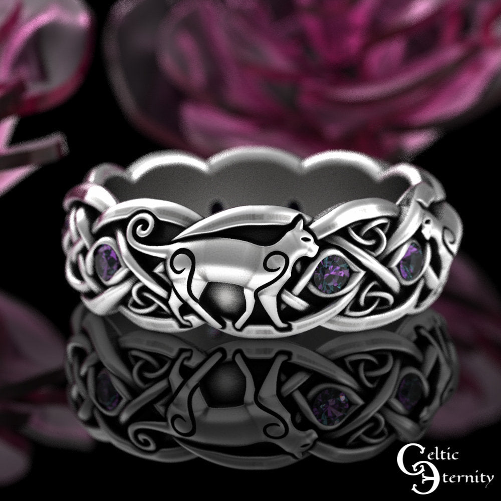 Alexandrite Cat Ring, Sterling Silver Cat Ring, Swirl Cat Wedding Ring, Cat Lover Ring, Kitten Ring, Feline Ring, Kitty Cat Jewelry, 3097