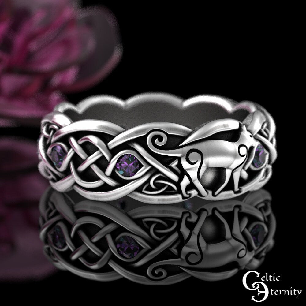 Alexandrite Cat Ring, Sterling Silver Cat Ring, Swirl Cat Wedding Ring, Cat Lover Ring, Kitten Ring, Feline Ring, Kitty Cat Jewelry, 3097