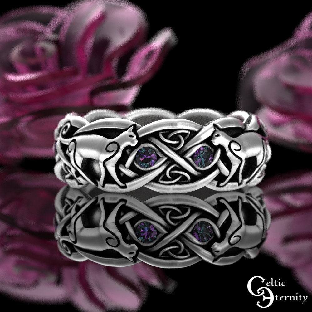 Alexandrite Cat Ring, Sterling Silver Cat Ring, Swirl Cat Wedding Ring, Cat Lover Ring, Kitten Ring, Feline Ring, Kitty Cat Jewelry, 3097