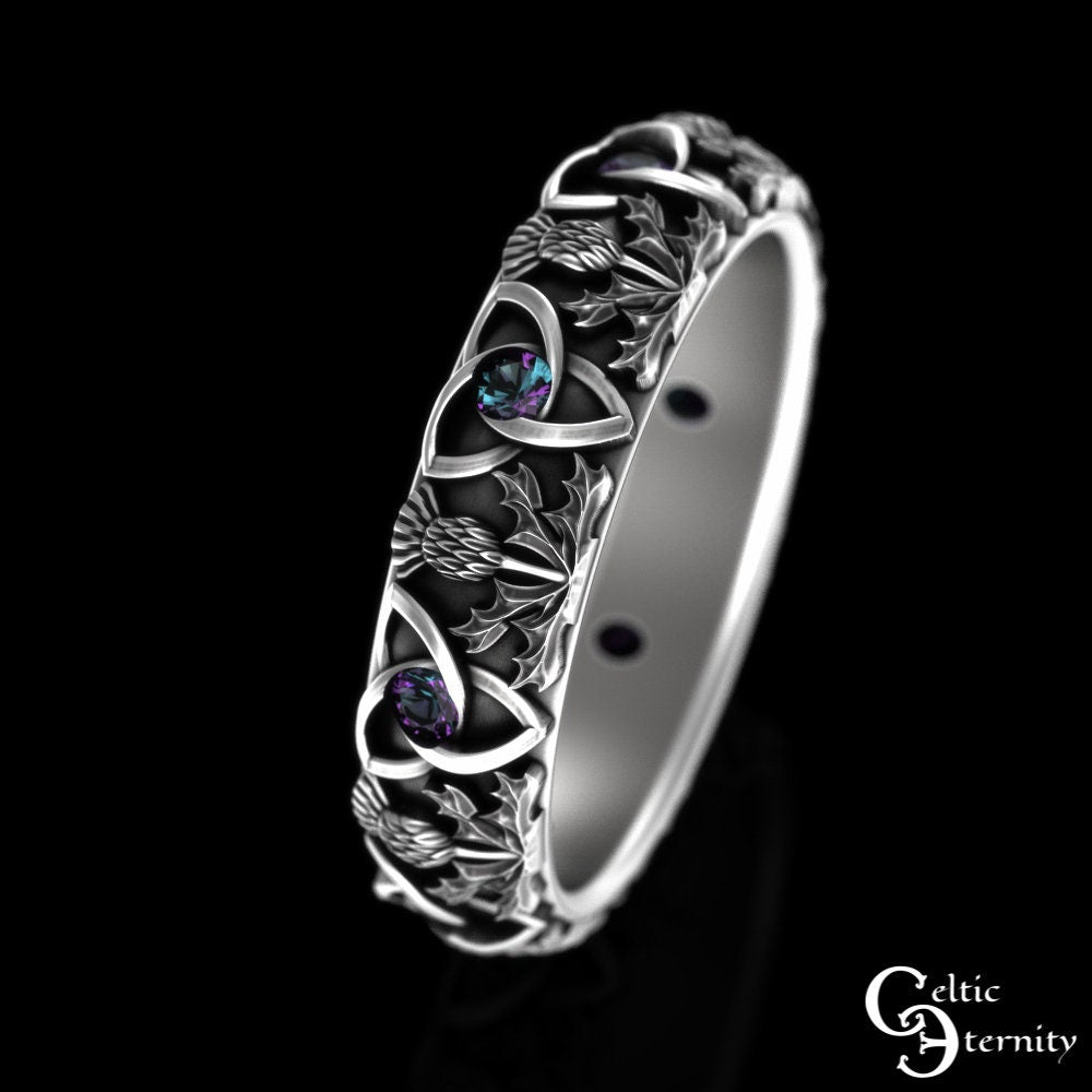 Womens Alexandrite Thistle Ring, Sterling Classic Thistle Wedding Band, Scottish Simple Thistle Ring, Womens Celtic Alexandrite Ring, 4813