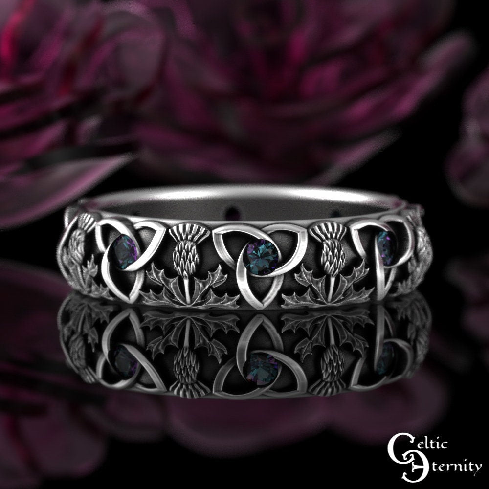 Womens Alexandrite Thistle Ring, Sterling Classic Thistle Wedding Band, Scottish Simple Thistle Ring, Womens Celtic Alexandrite Ring, 4813