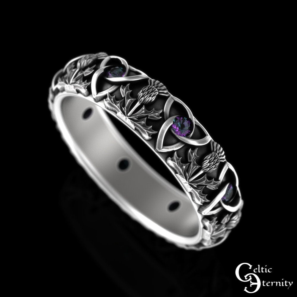 Womens Alexandrite Thistle Ring, Sterling Classic Thistle Wedding Band, Scottish Simple Thistle Ring, Womens Celtic Alexandrite Ring, 4813