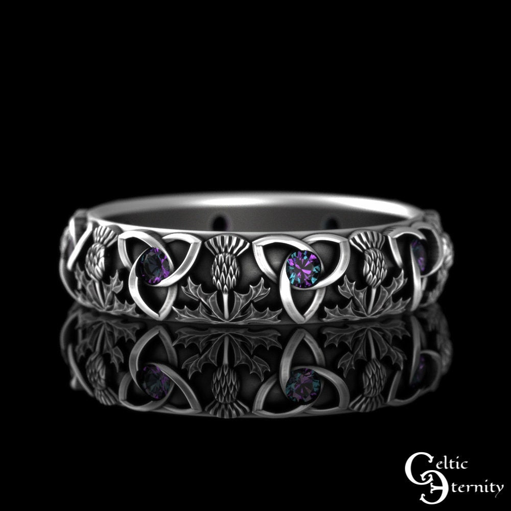 Womens Alexandrite Thistle Ring, Sterling Classic Thistle Wedding Band, Scottish Simple Thistle Ring, Womens Celtic Alexandrite Ring, 4813