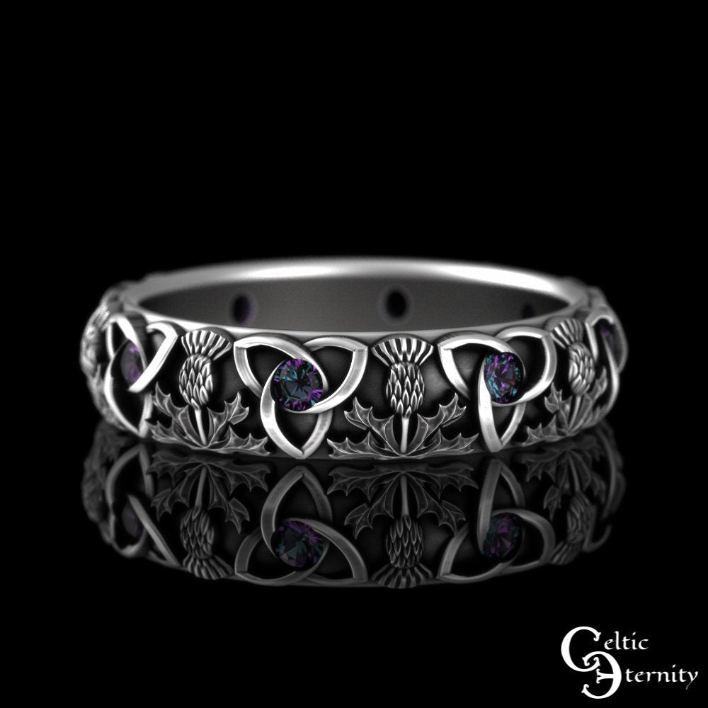 Womens Alexandrite Thistle Ring, Sterling Classic Thistle Wedding Band, Scottish Simple Thistle Ring, Womens Celtic Alexandrite Ring, 4813