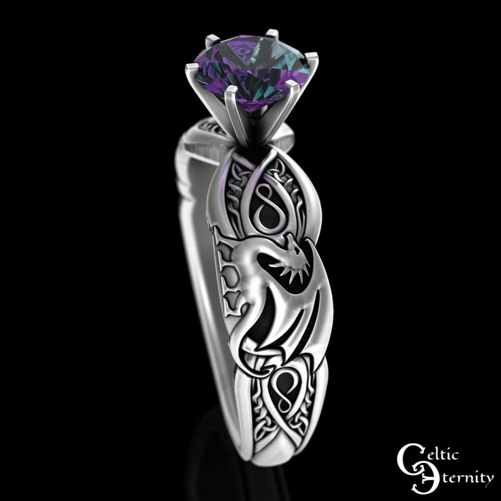 Alexandrite Dragons Solitaire Ring, Sterling Dragon Engagement Ring, Womens Alexandrite Bridal Ring, Silver Celtic Dragon Wedding Ring, 3185