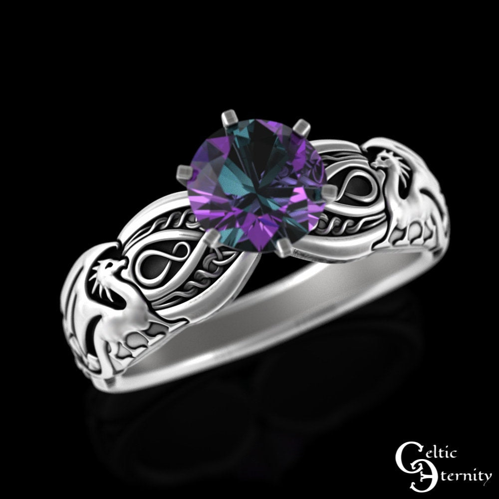 Alexandrite Dragons Solitaire Ring, Sterling Dragon Engagement Ring, Womens Alexandrite Bridal Ring, Silver Celtic Dragon Wedding Ring, 3185