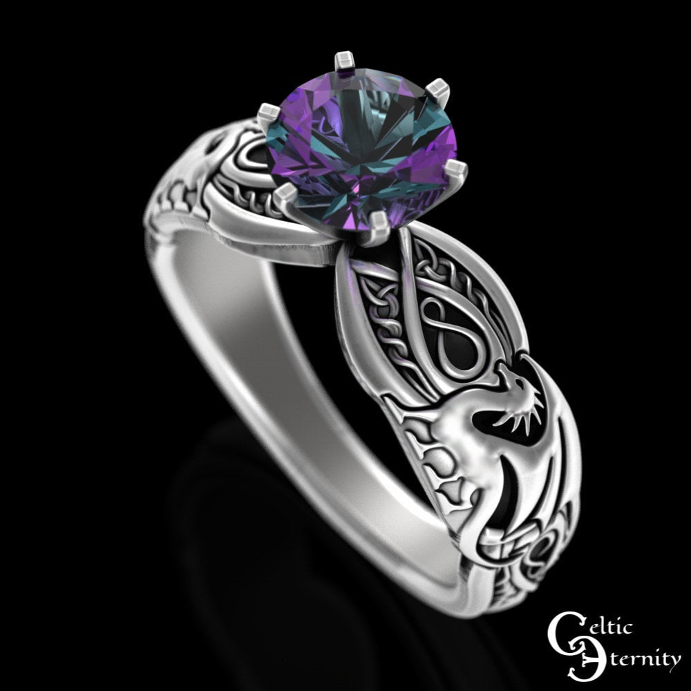 Alexandrite Dragons Solitaire Ring, Sterling Dragon Engagement Ring, Womens Alexandrite Bridal Ring, Silver Celtic Dragon Wedding Ring, 3185