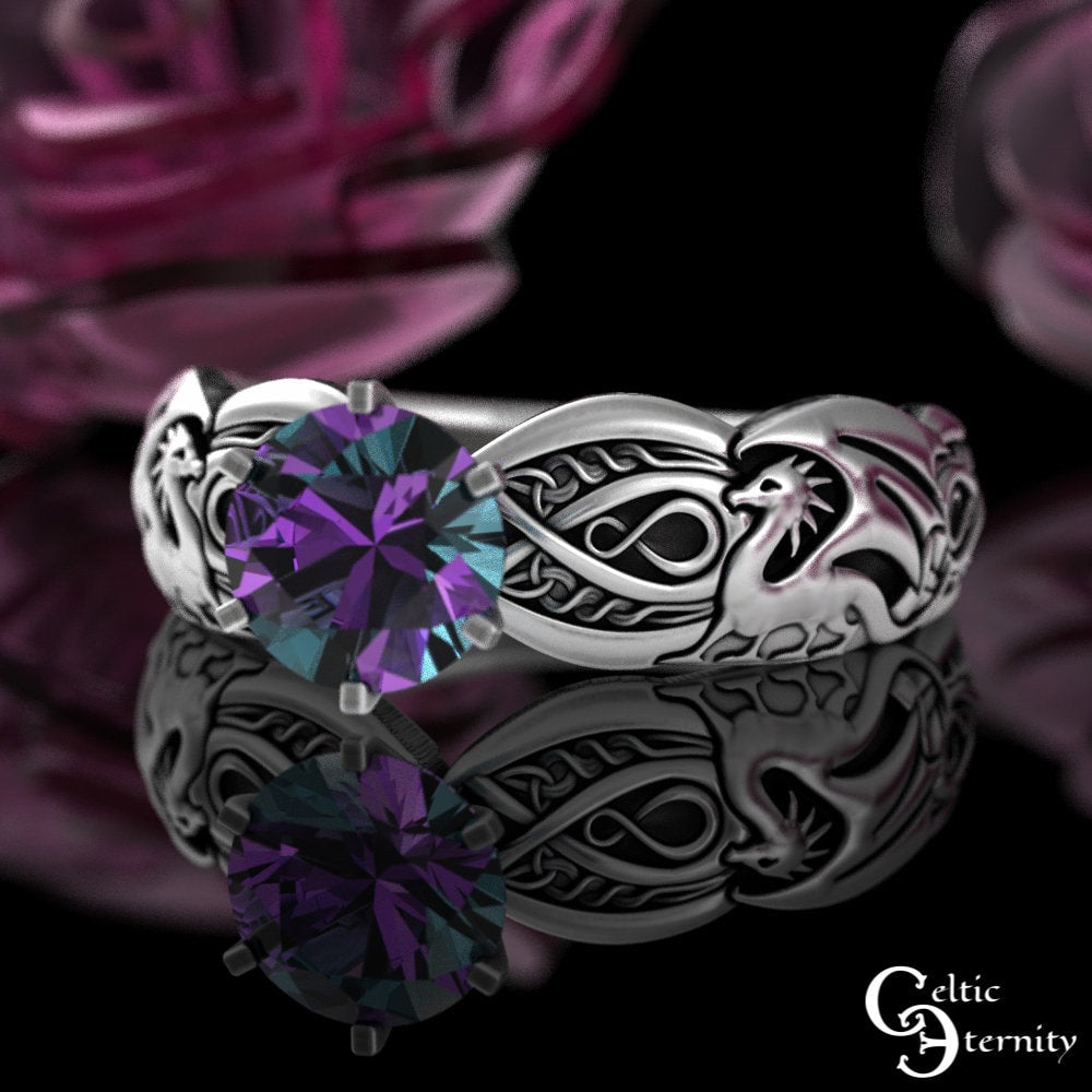 Alexandrite Dragons Solitaire Ring, Sterling Dragon Engagement Ring, Womens Alexandrite Bridal Ring, Silver Celtic Dragon Wedding Ring, 3185
