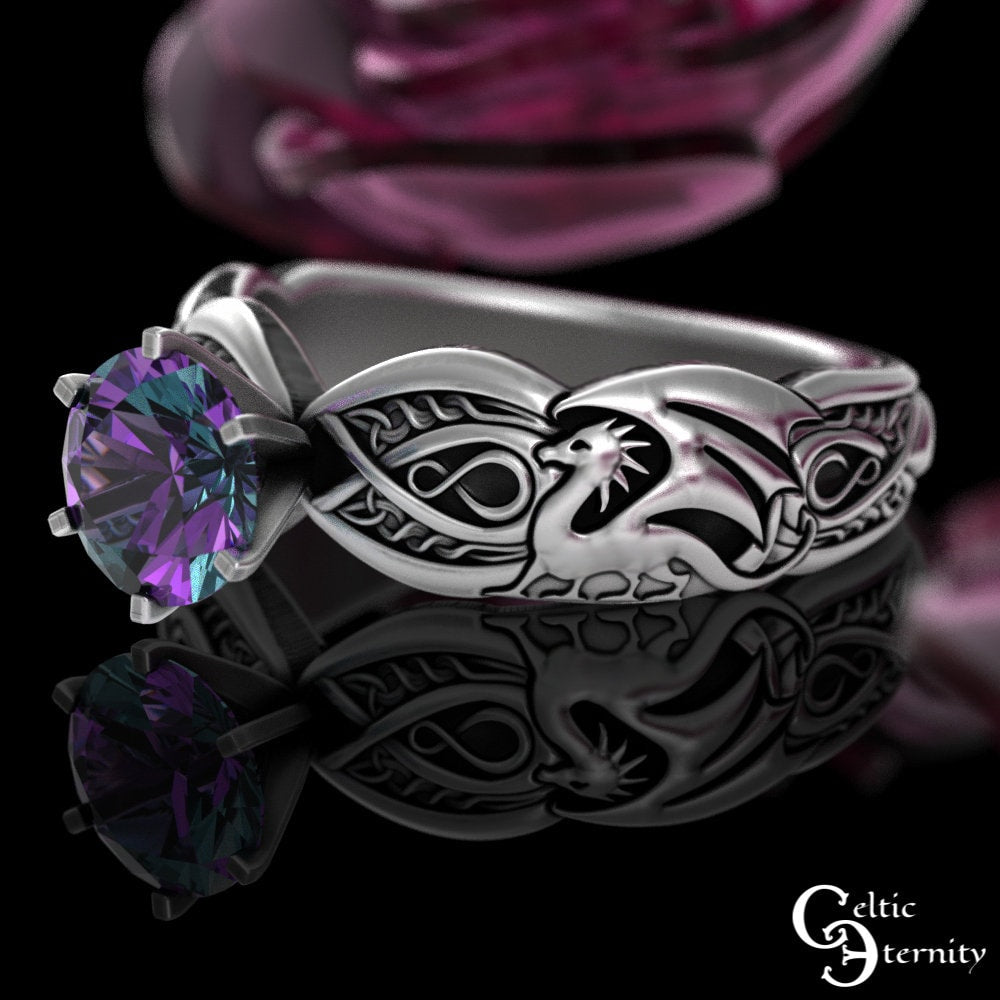 Alexandrite Dragons Solitaire Ring, Sterling Dragon Engagement Ring, Womens Alexandrite Bridal Ring, Silver Celtic Dragon Wedding Ring, 3185