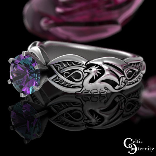 Alexandrite Dragons Solitaire Ring, Sterling Dragon Engagement Ring, Womens Alexandrite Bridal Ring, Silver Celtic Dragon Wedding Ring, 3185