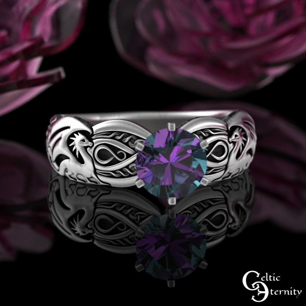Alexandrite Dragons Solitaire Ring, Sterling Dragon Engagement Ring, Womens Alexandrite Bridal Ring, Silver Celtic Dragon Wedding Ring, 3185