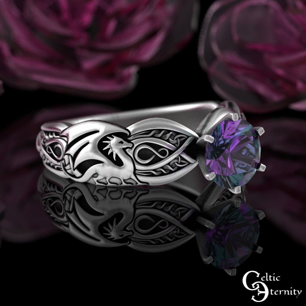 Alexandrite Dragons Solitaire Ring, Sterling Dragon Engagement Ring, Womens Alexandrite Bridal Ring, Silver Celtic Dragon Wedding Ring, 3185