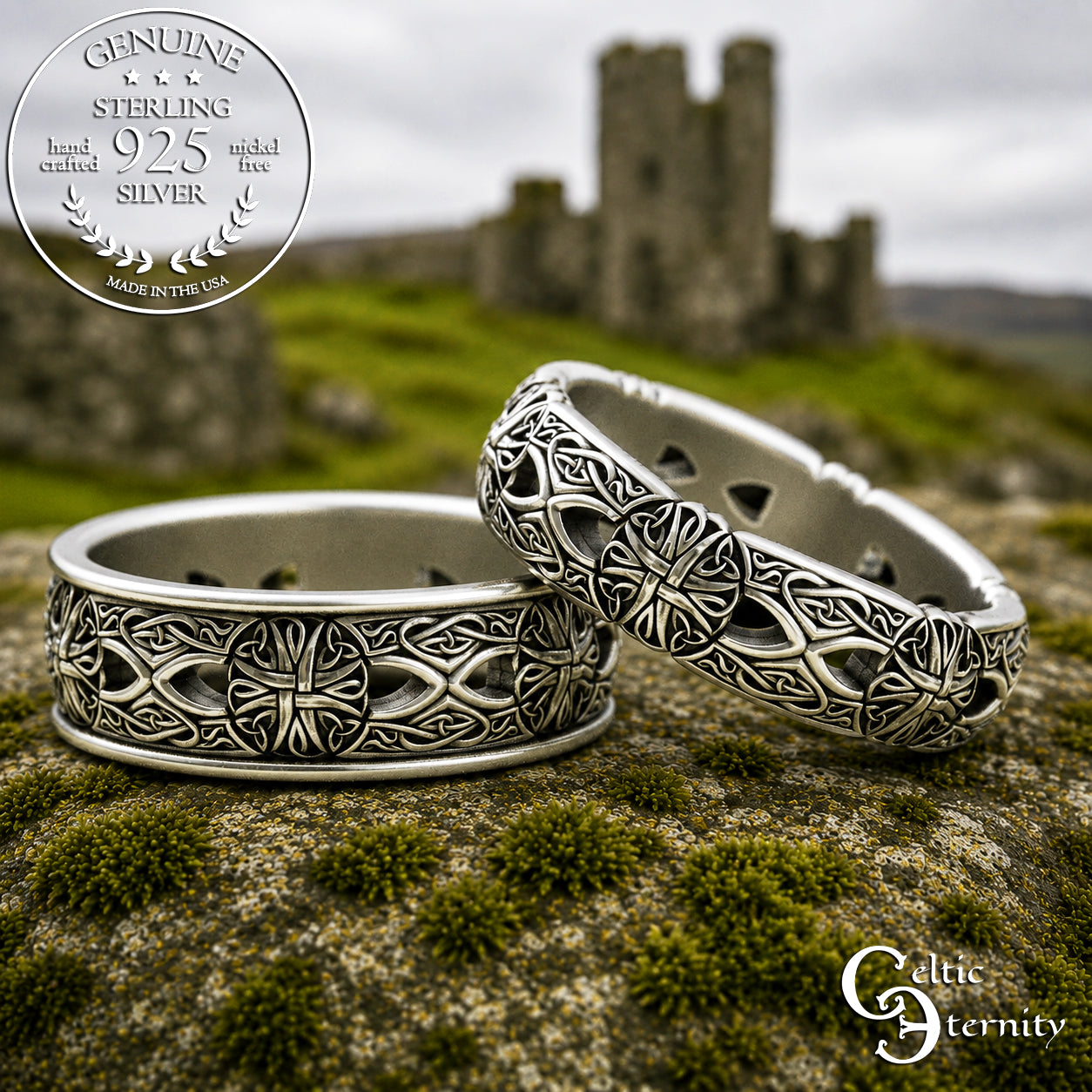 Sterling Bride & Groom Celtic Cross Knotwork Wedding Band Set, 3267 3269