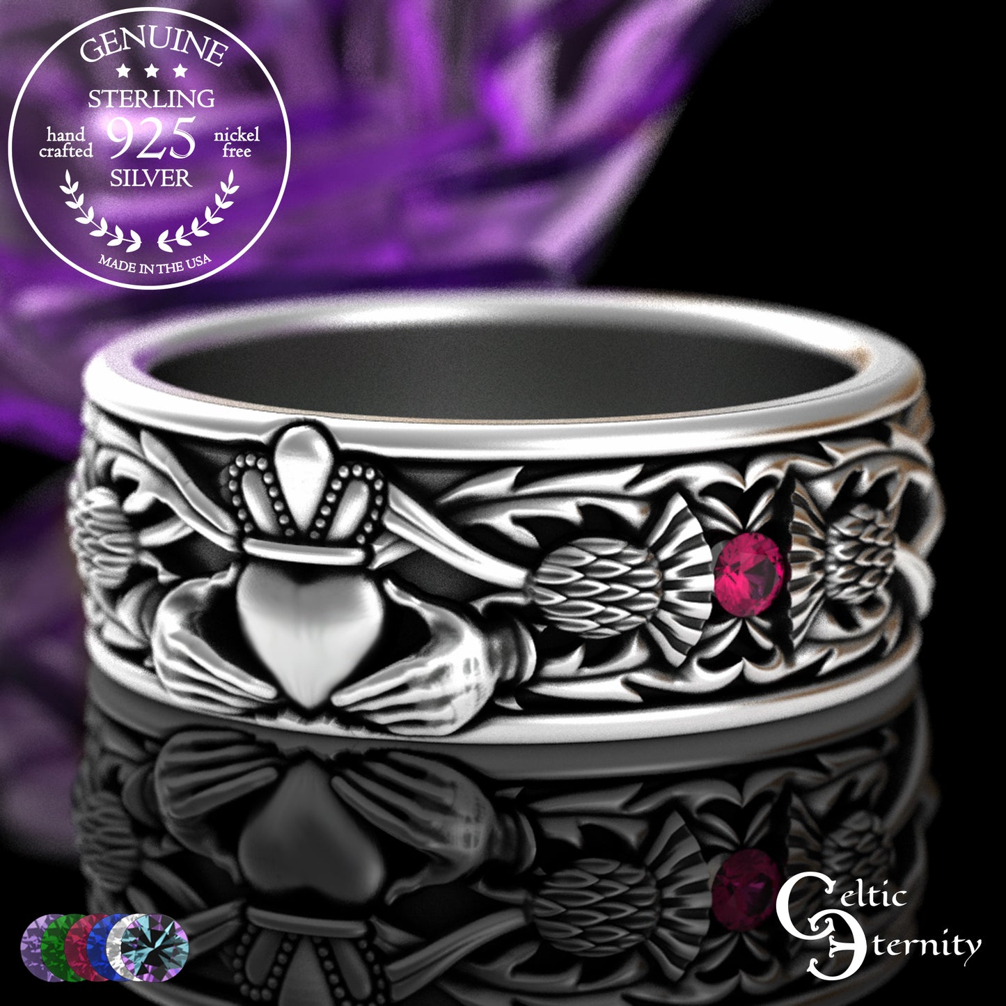 Sterling Men's Scottish Thistle & Claddagh Wedding Band with Emeralds, 3282