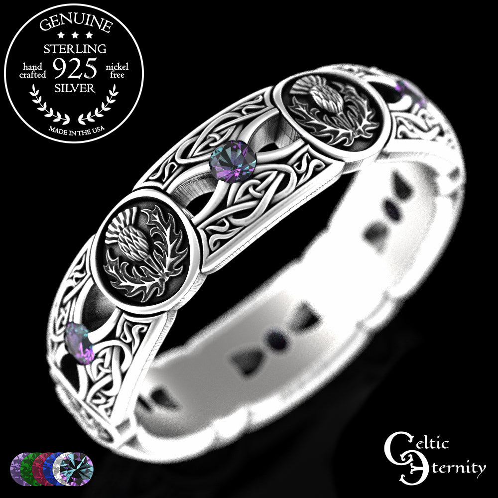 Sterling Silver Woman's Alexandrite & Irish Thistle Wedding Band, 4408
