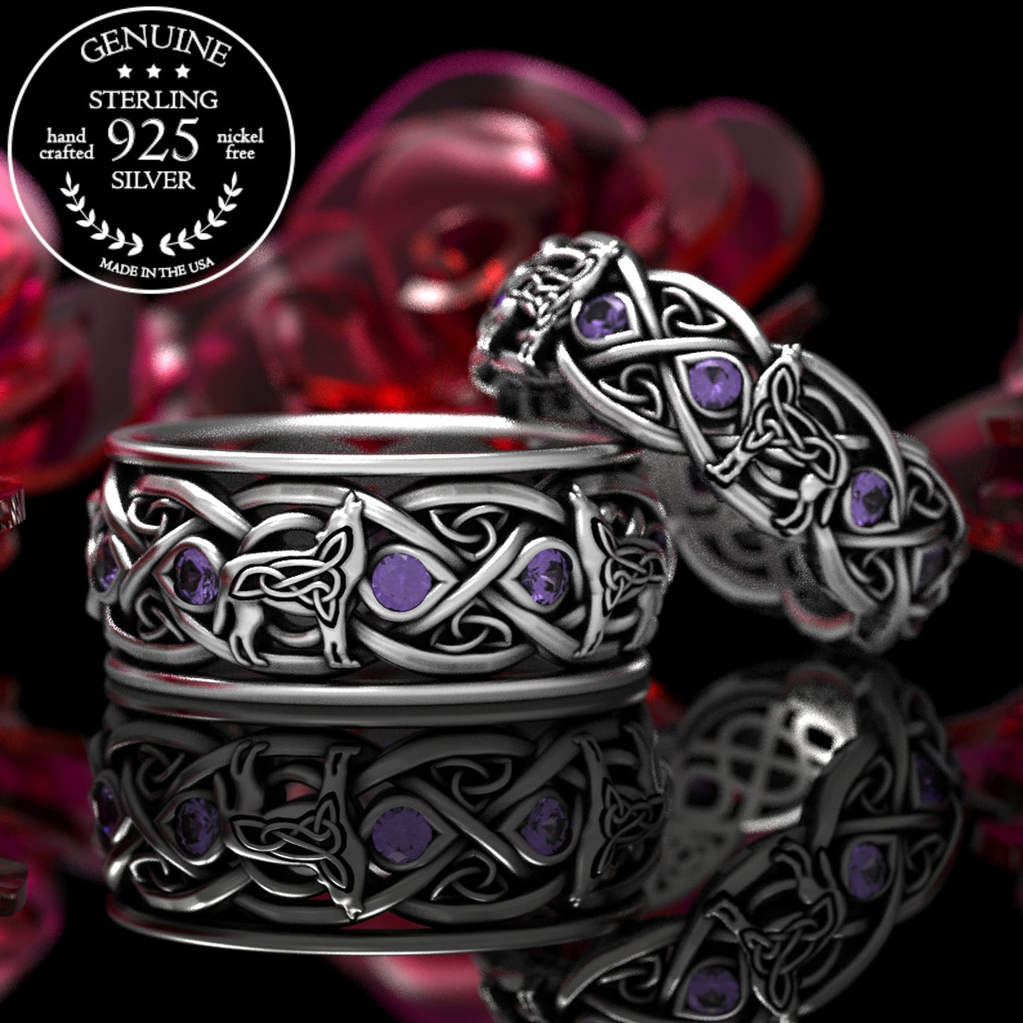 Matching Sterling Celtic Wolves His Hers Wedding Band Set - Alexandrite, 1267 1269