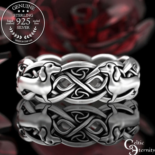 Women's Sterling Dachshund Dog Wedding Band with Celtic Knotwork, 3011